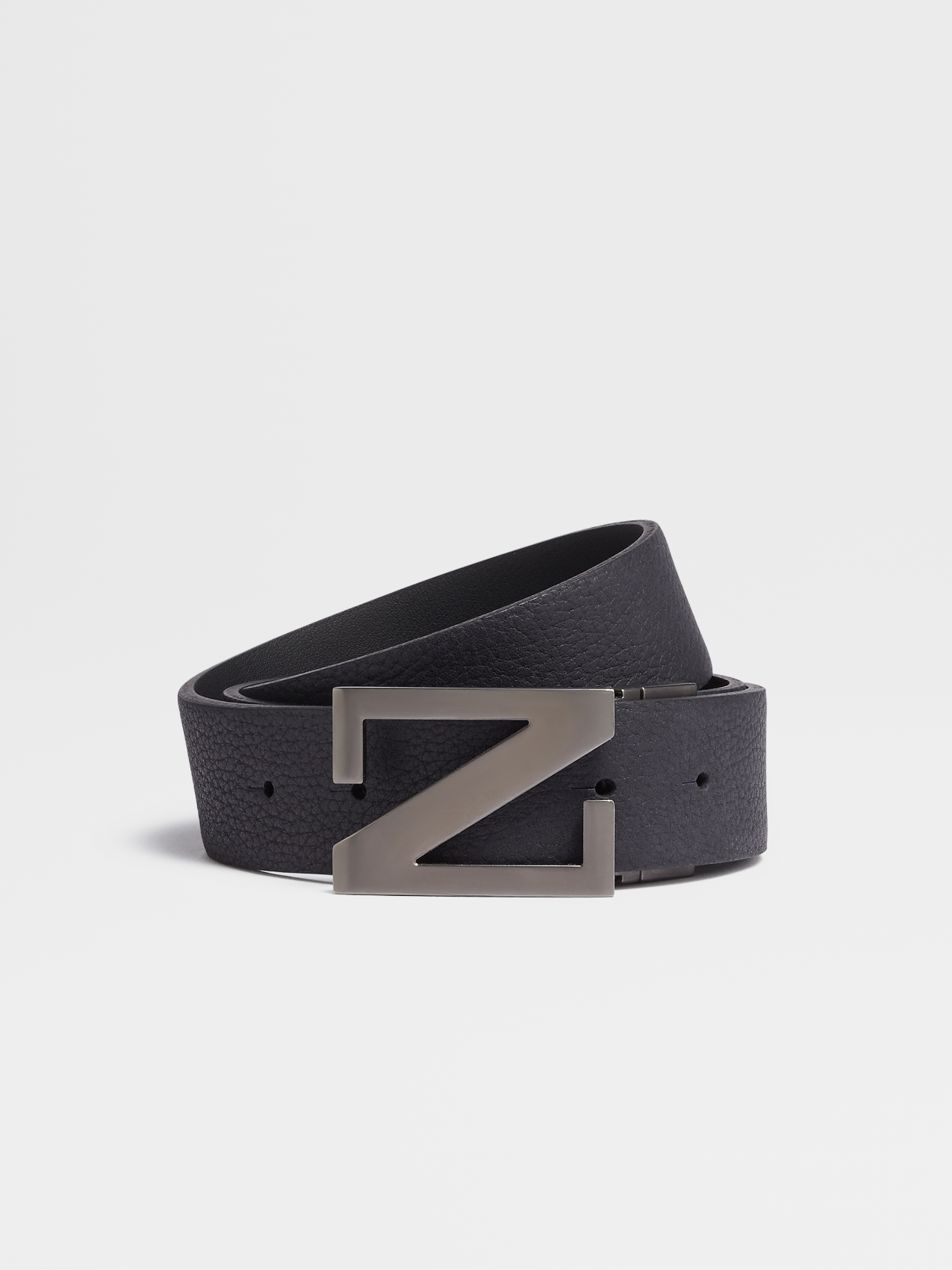 Navy Blue Grained Leather and Black Leather Reversible Belt